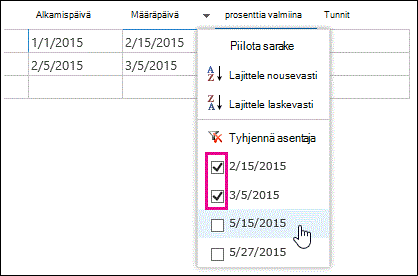 Suodata avattava taulukkonäkymä, jossa on valittuna useita arvoja.