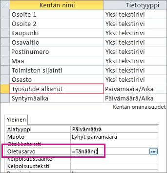 Päivämäärä/aika-kentän oletusarvon määrittäminen Accessin taulukossa.