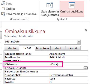 Ominaisuusikkuna, jossa Oletusarvo-ominaisuuden asetuksena on Date().