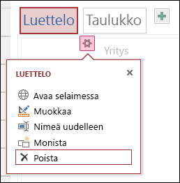 Luettelonäkymän asetusvalikko, jossa Poista on korostettuna