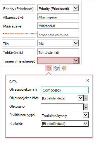 Yhdistelmäluettelon ohjausobjektin ominaisuusruudun alkuvaihe