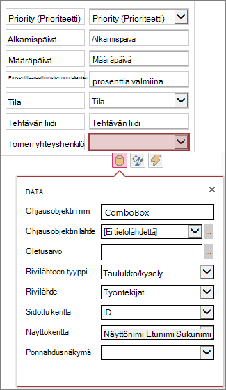 Muita yhdistelmäluettelon ohjausobjektin ominaisuuksia