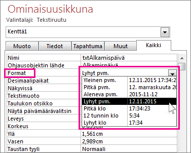 Kuva ominaisuusikkunasta, jossa näkyy avattava Muoto-luettelo.