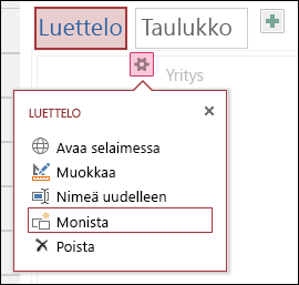 Luettelonäkymän asetusvalikko, jossa Monista on korostettuna