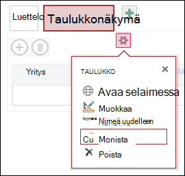 Asetukset-valikko, jossa on Avaa selaimessa, Muokkaa, Nimeä uudelleen, Monista ja Poista