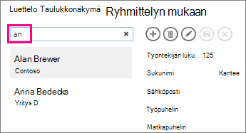 Luettelonäkymän hakuruudun käyttäminen