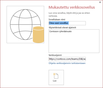 Uuden mukautetun verkkosovelluksen valintaikkuna, jossa näkyy Contoso-ryhmäsivusto Käytettävissä olevat sijainnit -ruudussa.