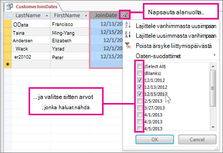 Työpöytätietokannan kyselysarakkeen suodattaminen.