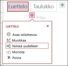 Luettelonäkymän asetusvalikko, jossa Nimeä uudelleen näkyy korostettuna