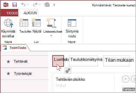 Näkymän valitseminen Accessissa.