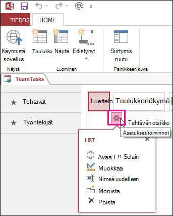 Näkymän Asetukset/Toiminnot-painike