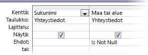 kuva kyselyn suunnittelusta, jossa is not -ehto
