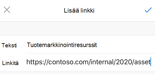 Lisää linkki -valintaikkuna Outlook for iOS:ssä.