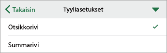 Tyylin asetukset -komento, jossa on valittuna Otsikkorivi