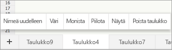 Valittu taulukkovälilehti, jossa näkyy Nimeä uudelleen -komento