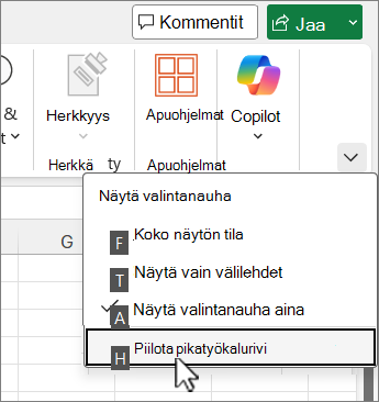 Pikatyökalurivin piilottaminen näppäimistökomennon avulla