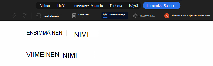 Näyttökuva Syventävästä lukuohjelmasta, jossa on valittuna tekstin välistys. tekstin jokaisen kirjaimen väliin jäävä tila kasvaa