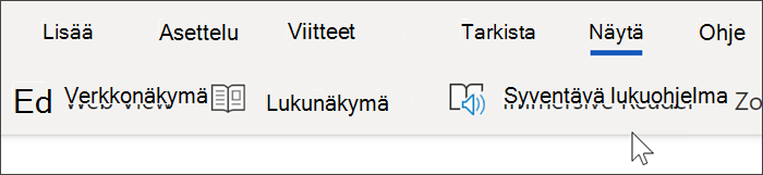 Näyttökuva Wordin verkkoversion siirtymisosan yläreunasta, jossa näkymävaihtoehto on valittuna ja hiiren kohdistin on syventävän lukuohjelman päällä