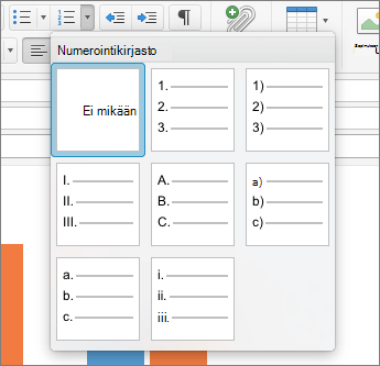 Numerointikirjaston käytettävissä olevat numerointityyliasetukset Outlook for Mac.