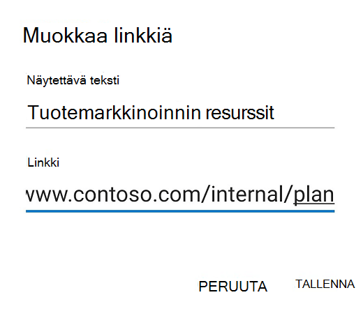 Outlook for Androidin Muokkaa linkkiä -valintaikkuna.