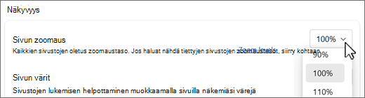 Sivun zoomaustasojen avattava näyttökuva.