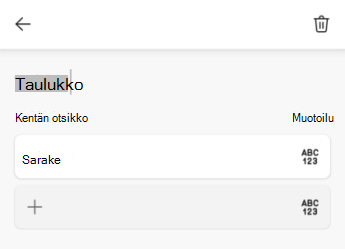 Taulukon nimi -tekstikenttä Excel for Android