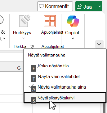 Pikatyökalurivin näyttäminen näppäimistökomennon avulla