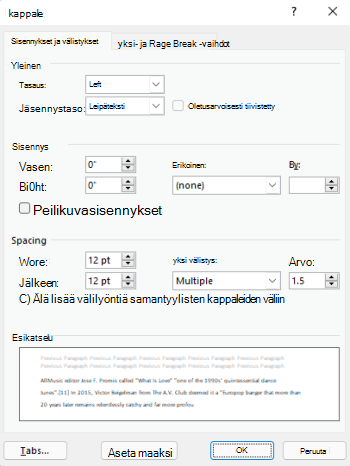 Kappale-valintaikkuna Outlookissa.