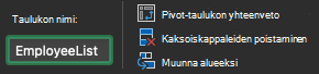 taulukon nimi -kenttä Excel for Mac