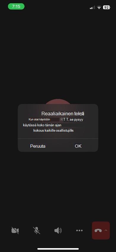 Teams-kokousikkuna, jonka alareunassa on RTT-paneeli iOS-laitteessa.