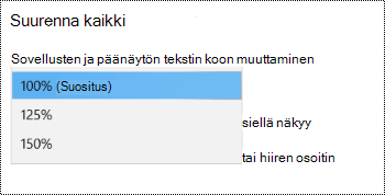 Windowsin Näyttöasetukset-sivu Aputoimintojen asetukset -kohdassa, jossa näkyy Suurenna kaikki -vaihtoehto avattavan valikon ollessa laajennettuna.