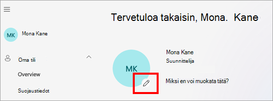 Näyttökuva Oma tili -portaalista, jossa näkyy käyttäjien profiilikuva, nimi ja erilaisia tiliasetuksia, kuten kieli, aikavyöhyke ja tietosuoja-asetukset. Muokkauskuvake näkyy profiilikuvan päällä, mikä ilmaisee, missä käyttäjät voivat päivittää valokuvansa napsauttamalla.