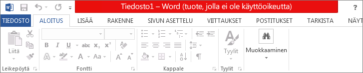Näyttää Ei käyttöoikeutta -ilmoituksen punaisella otsikkorivillä, käytöstä poistetun käyttöliittymän ja viestipalkin