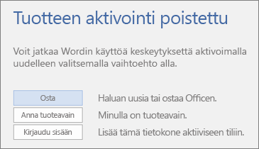 Näyttökuva, jossa näkyy Tuotteen aktivointi poistettu -virhesanoma