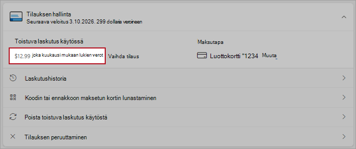 Näyttökuva, jossa näkyy tiedot vaihtosuunnitelmavaihtoehdosta toistuvan laskutuksen asetuksissa.