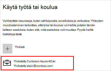 Työpaikan tai oppilaitoksen näytön käyttäminen yhdistetyllä Contoso-tilillä