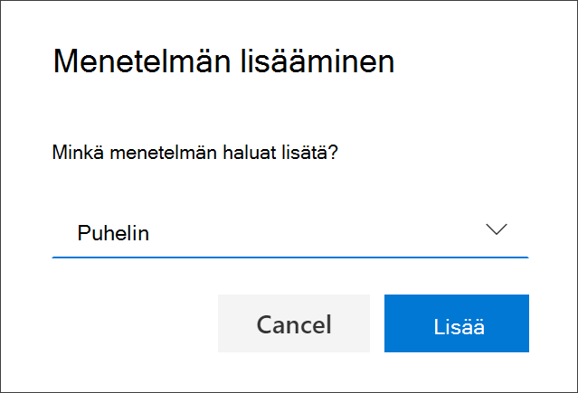 Lisää menetelmä -ruutu, puhelin valittuna