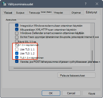 Näyttökuva TLS-asetuksista Internet-ominaisuuksissa