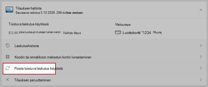 Näyttökuvassa on korostettuna painikkeen sijainti, jotta toistuva laskutus voidaan poistaa käytöstä.