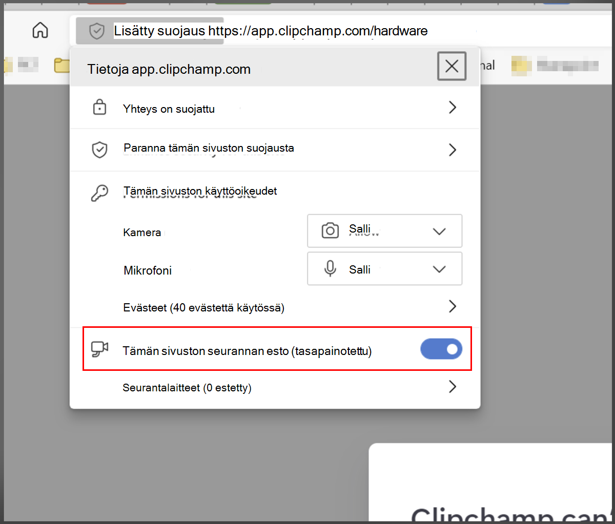 Edge lisäsi suojausta, Clipchamp 2 sallittujen luetteloon
