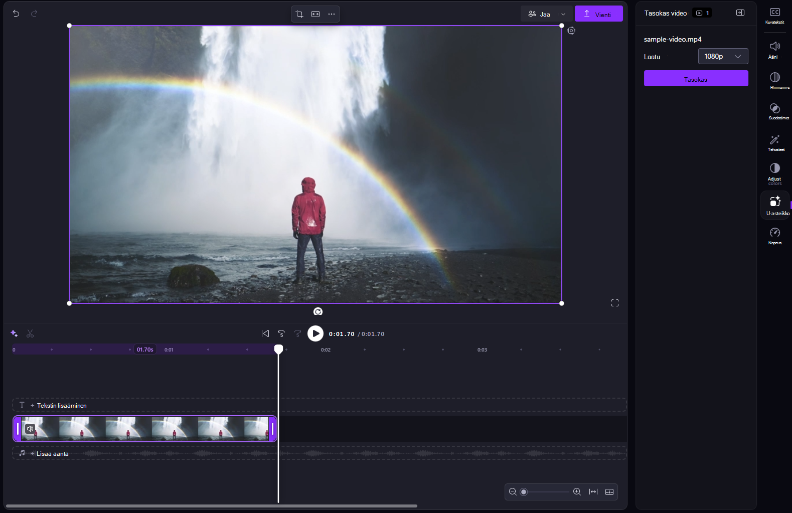 Näyttökuva valitusta videoleikkeestä Clipchamp-työpöytäsovelluksessa, jonka Ominaisuus-paneelissa on avoinna Korkeatasoinen-välilehti.