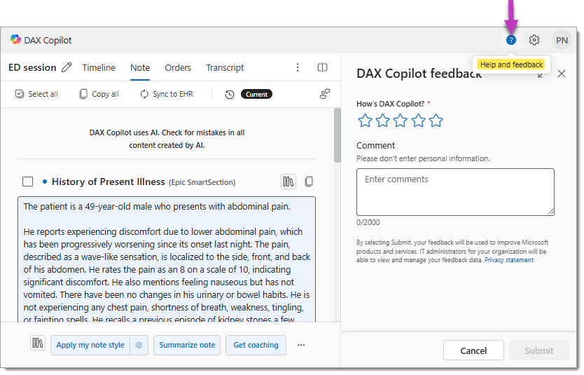 Image of the DAX Copilot feedback screen.