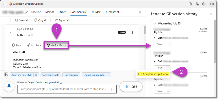 Image of the Version history link and screen for a document in Dragon Copilot.