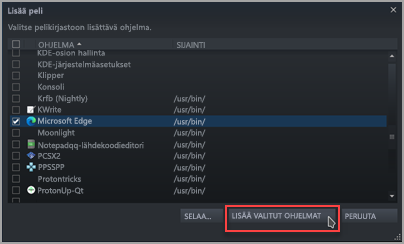 Microsoft Edgen etsiminen ja tarkistaminen Steamin Lisää peli -luettelosta.