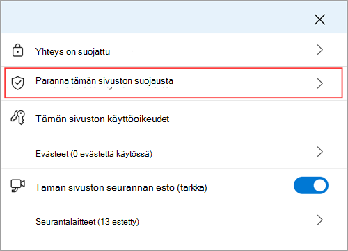 Microsoft Edgen sivuston tiedot -valikko, jossa näkyy Paranna tämän sivuston suojausta -ominaisuus.
