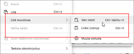Pikavalikon liittäminen vain teksti -muodossa