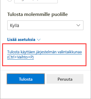 Tulostaminen järjestelmän avulla -valintaikkuna