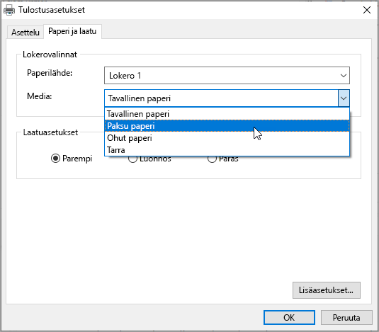 Windows-järjestelmän tulostusvalintaikkunan asetukset