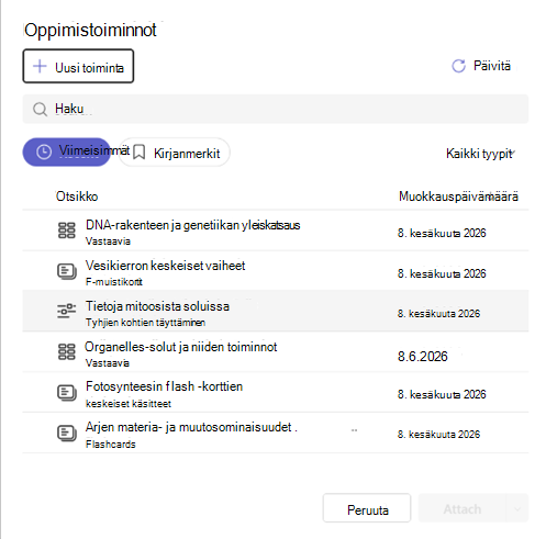 Näyttökuva oppimisaktiviteetin liittämisestä.