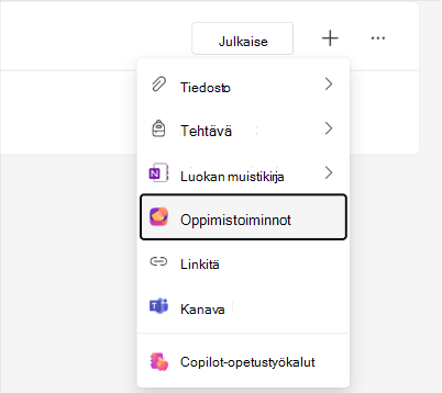 Näyttökuva Classwork-moduulivalikon Oppimistoiminnot-vaihtoehdosta.